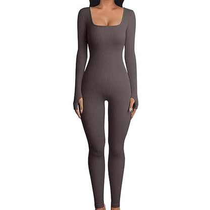 Women's seamless long-sleeve yoga jumpsuit in brown, designed for comfort and style during workouts or lounging.